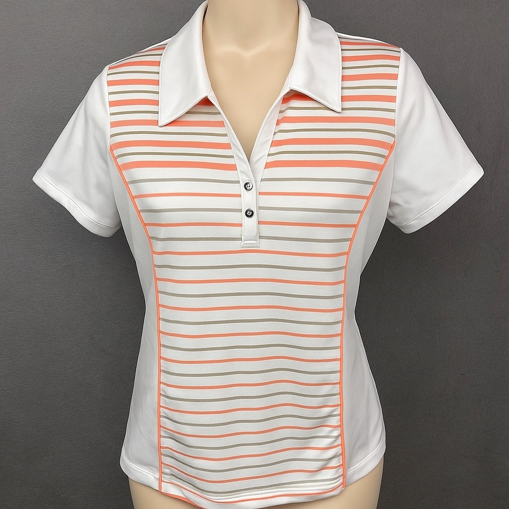 Zenergy Golf by Chico's Striped White Golf Polo Shirt Top Womens